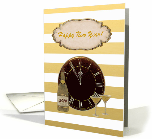 Gold Striped Background Bottle & Glasses Happy New Year 2024 card
