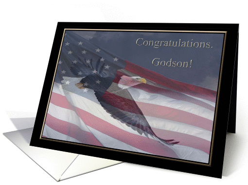 Congratulations Eagle Scout, Godson, Flying Eagle & American Flag card