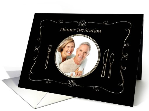 Dinner Invitation Photo Card, Place Setting, Black and Gold card