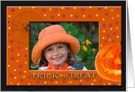 Halloween Photo Card, Spider with Web and Orange Jack O Lantern card