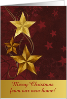 Three Gold Stars on Ruby Red Background, Merry Christmas, New Home card
