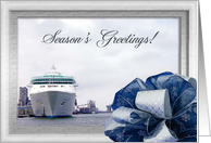 Cruise Ship with Blue Christmas Bow, Season’s Greetings card