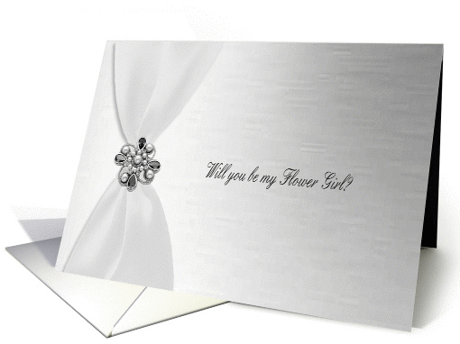 Flower Girl, White Satin Ribbon Look with Faux Jewel on Silver card