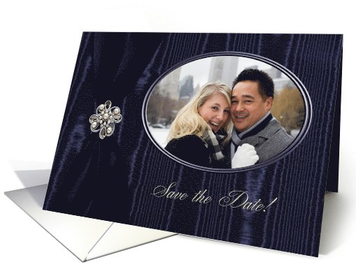 Save the Date Photo Card, Blue Ribbon Look with Jewel on Moire card