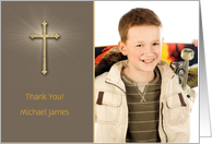 First Communion, Gold Cross, Light Brown Photo Thank You Card