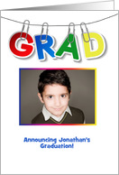 Primary Colors, Hanging Grad Text, Photo Announcement card