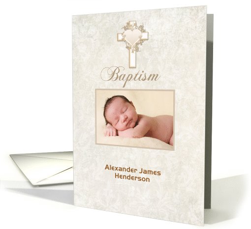 Cream Cross and Heart Baptism Photo Card Invitation card (1103164)