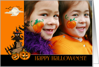 Owl, Pumpkins and Bats, Halloween Photo Card