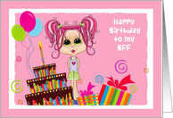 Cute Teen, Pink Hair, Cake, Happy Birthday BFF (Best Friend Forever) card