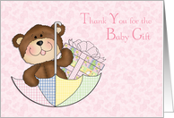 Baby Bear, Girl, Umbrella, Pink Hearts Thank you for the Baby Gift card