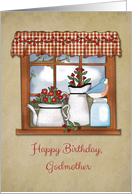 Country Window, Flowers, Bluebird, Happy Birthday Godmother card