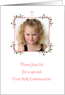 Pink Floral Corners, First Holy Communion Photo Card Invitation card