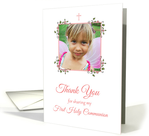 Pink Floral Corners, First Communion Photo Thank You card (1202738)