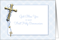 Gold Cross, Blue Rosary Beads, First Communion Blessings card