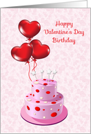 Heart Balloons, Cake, Valentine’s Day Birthday Greeting card