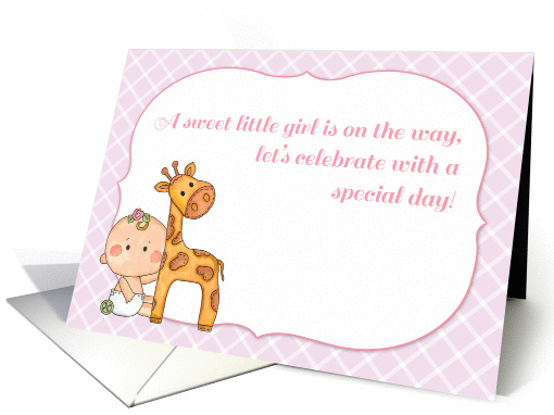 Baby Girl and Giraffe, Pink Plaid, Baby Shower Invitation card