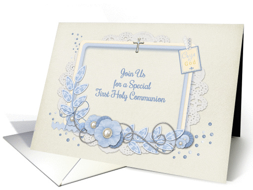 Blue and Cream Scrap Style First Communion Invitation card (1240892)