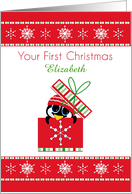 Penguin in Gift Box, First Christmas, Customize Name card