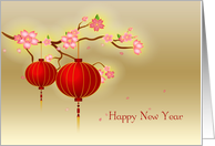 Red Paper Lanterns, Pink Blossoms, Chinese New Year card