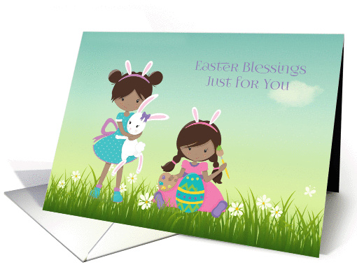 Easter Blessings, Spring Flowers, Two Dark Skinned Girls card