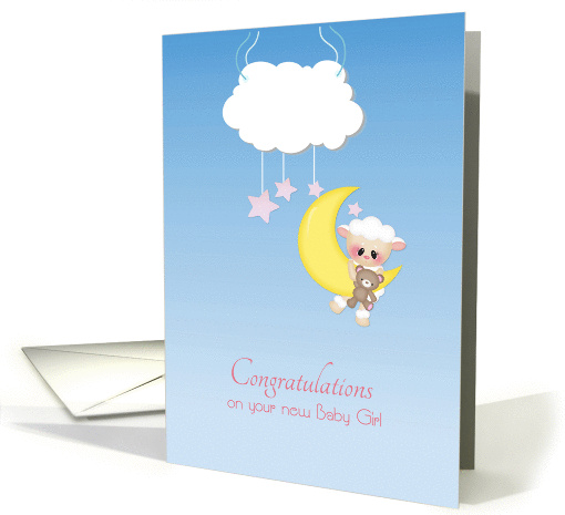 Congratulations New Baby Girl, Lamb, Moon, Cloud card (1370056)