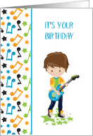 Guitar Playing Young Boy, Musical Notes, Birthday card