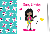 Guitar Girl, Dark-Skinned, Cute Skull & Crossbones, Birthday card