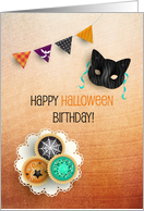 Halloween Birthday with Cupcakes and Cat Mask card