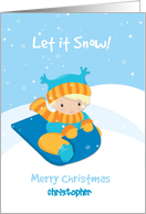 Boy with Sled in Snow, Merry Christmas, Custom Name card