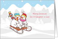 Snow Couple on Sled, Christmas for Son and Daughter In Law card
