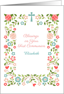 Floral Frame with Cross for First Communion, Customize card