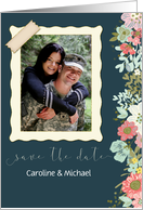 Teal Blue Floral Save the Date Photo Card