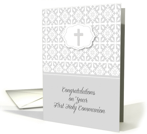 First Communion Congratulations in Gray Damask with Cross card