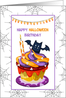 Halloween Cupcake with Bat for Halloween Birthday card