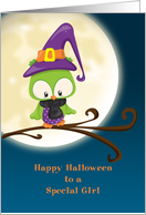 Girl Owl Witch on Branch with Moon Happy Halloween card