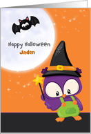Boy Owl Halloween with Magic Wand with Moon and Bat Personalized card