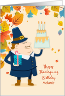 Customize Pilgrim with Cake and Gift Thanksgiving Birthday card
