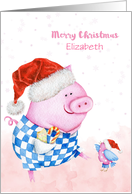 Customized Cute Holiday Pig and Bird card