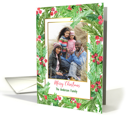 Holly Berry Floral Merry Christmas Personalized Photo card (1457732)