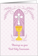 Chalice and Cross Lilac First Communion Blessings card