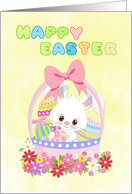 Easter Bunny in Basket with Eggs and Flowers card