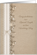 Congratulatons to Couple on Wedding Flowers and Lace on Burlap Look card