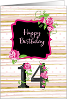 14th Birthday Pink Roses Polka Dots Gold Stripes card