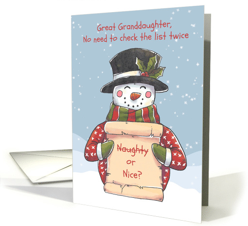 Great Granddaughter - Snowman Naughty or Nice List card (1505398)