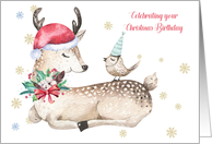 Birthday on Christmas - Deer, Bird and Snowflakes card