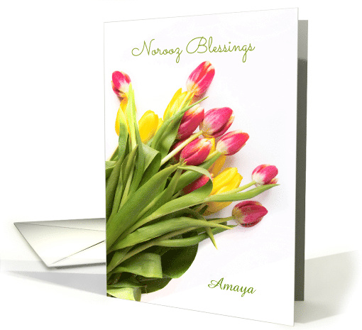 Customize Front Happy Norooz with Pink and Yellow Tulip Bouquet card