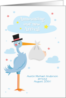 Customized New Baby Announcement for Boy with Blue Stork card