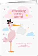 Customized New Baby Announcement for Girl with Pink Stork card