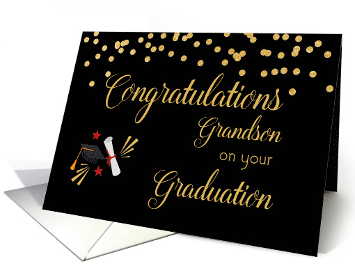 Grandson Graduation Congratulations Black with Gold Confetti card