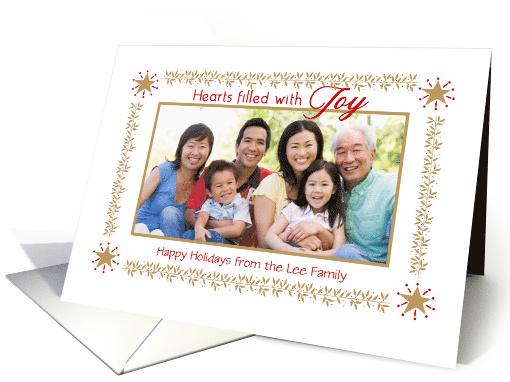 Holiday Joy Gold Colored Leaves, Berries and Stars Photo card